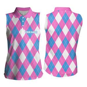 Women sleeveless polo shirt custom pink, blue and white argyle plaid pattern golf attire for women NQS8043