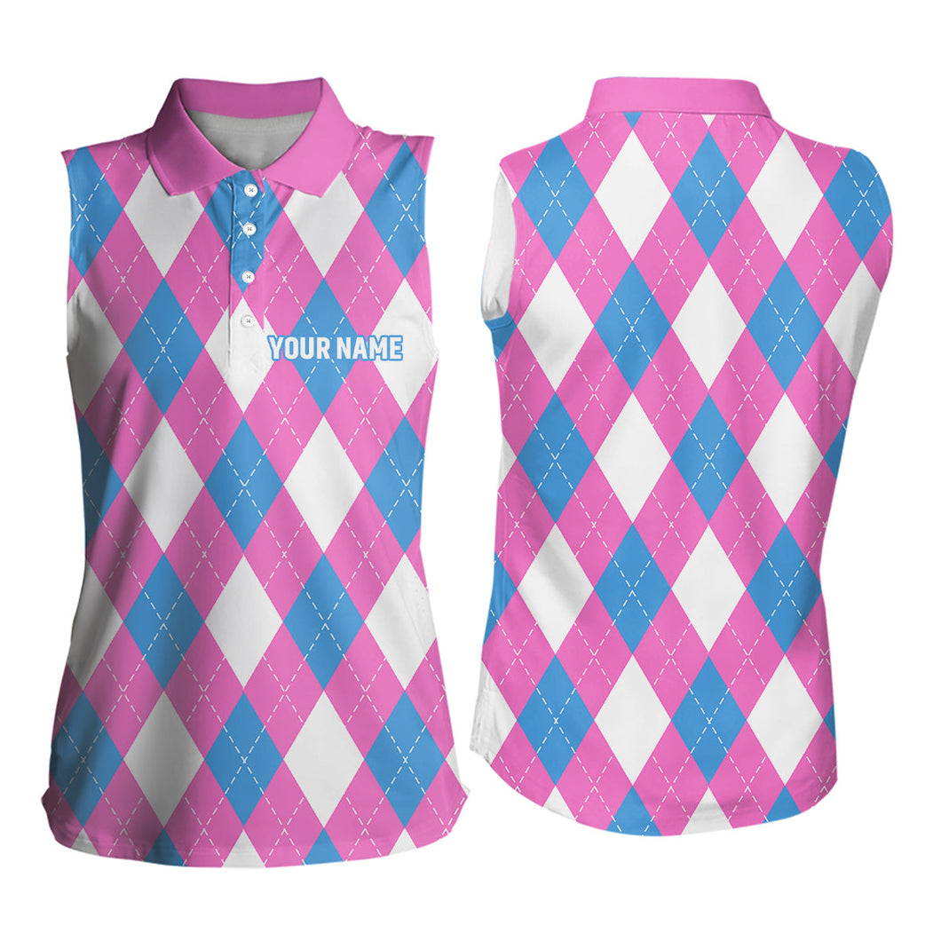 Women sleeveless polo shirt custom pink, blue and white argyle plaid pattern golf attire for women NQS8043