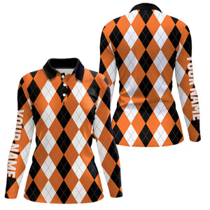 Womens golf polo shirt custom orange argyle plaid pattern golf attire for women NQS8045