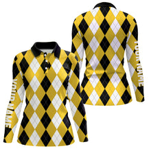 Load image into Gallery viewer, Womens golf polo shirt custom yellow argyle plaid pattern golf attire for women NQS8044