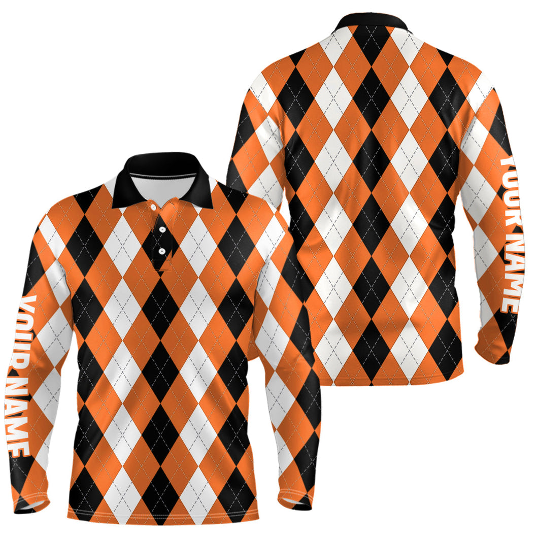 Mens golf polo shirt custom orange argyle plaid pattern golf attire for men NQS8045