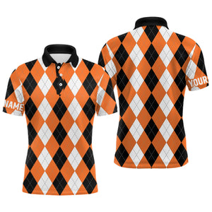 Mens golf polo shirt custom orange argyle plaid pattern golf attire for men NQS8045