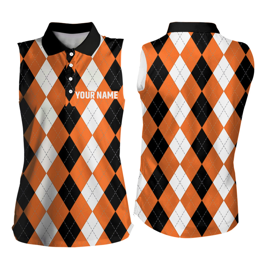 Women sleeveless polo shirt custom orange argyle plaid pattern golf attire for women NQS8045