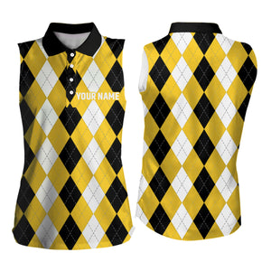 Women sleeveless polo shirt custom yellow argyle plaid pattern golf attire for women NQS8044