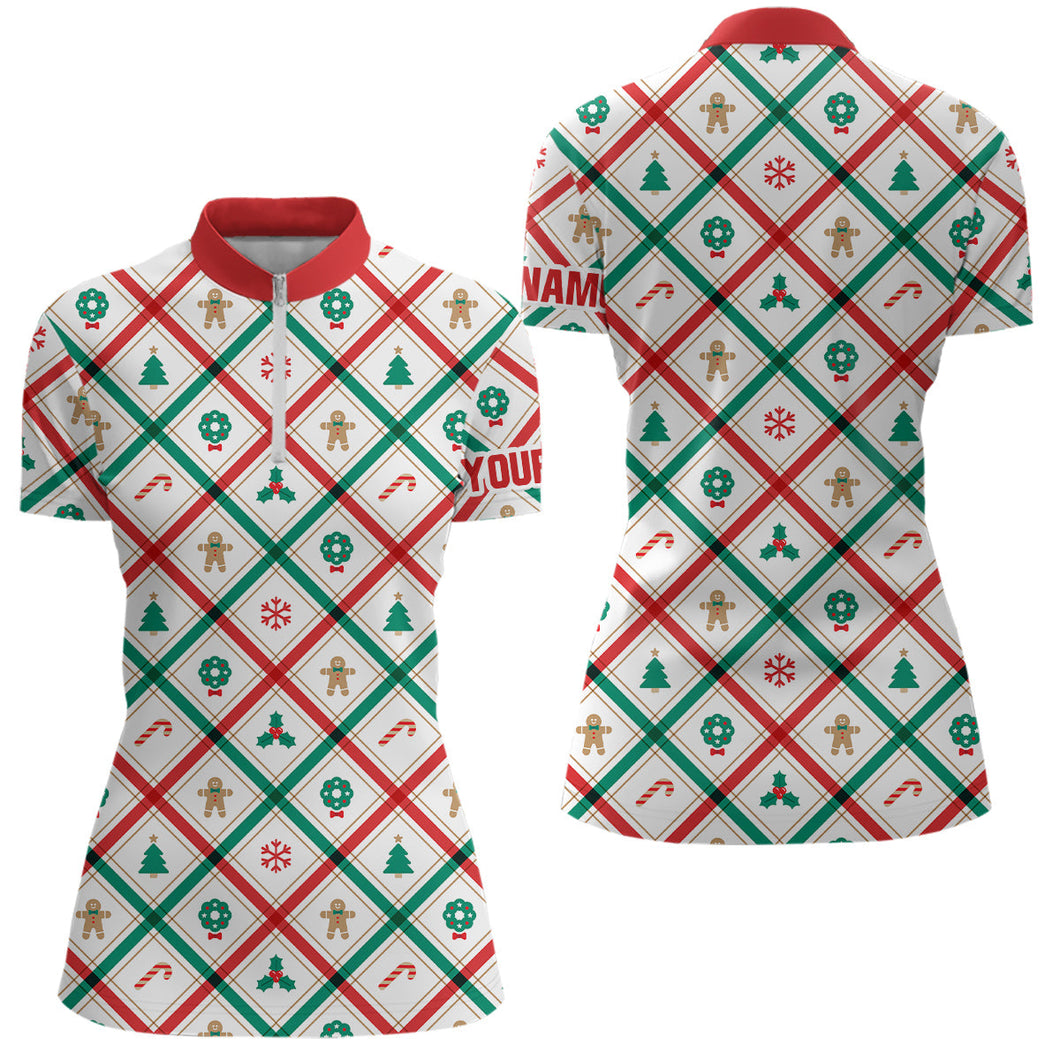 Red, white & green argyle Christmas pattern Women Quarter Zip shirt custom team golf attire for ladies NQS8934