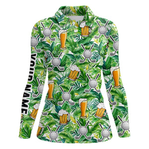 Funny Golf beer green tropical leaves pattern custom Womens golf polo shirt, golf tops for ladies NQS7471