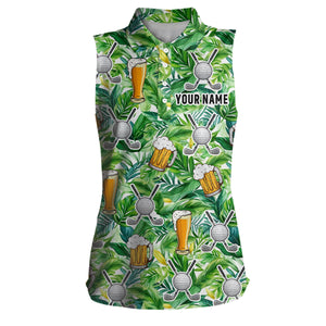 Funny Golf beer green tropical leaves pattern custom Women sleeveless polo shirt, golf tops for ladies NQS7471