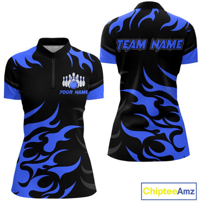 Black and Blue Flame Bowling shirts for Women Custom team bowling jerseys, ladies bowling apparel NQS10267