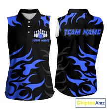 Load image into Gallery viewer, Black and Blue Flame Bowling Sleeveless Polos Custom team bowling jersey, ladies bowling apparel NQS10267