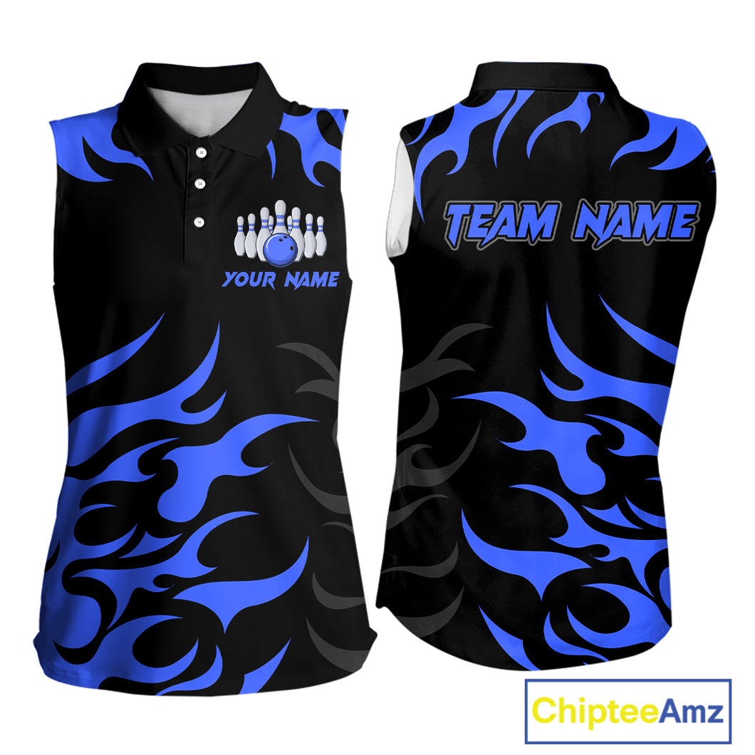 Black and Blue Flame Bowling Sleeveless Polos Custom team bowling jersey, ladies bowling apparel NQS10267