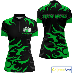Black and Green Flame Bowling shirts for Women Custom team bowling jerseys, ladies bowling apparel NQS10268