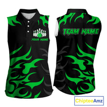 Load image into Gallery viewer, Black and Green Flame Bowling Sleeveless Polos Custom team bowling jersey, ladies bowling apparel NQS10268