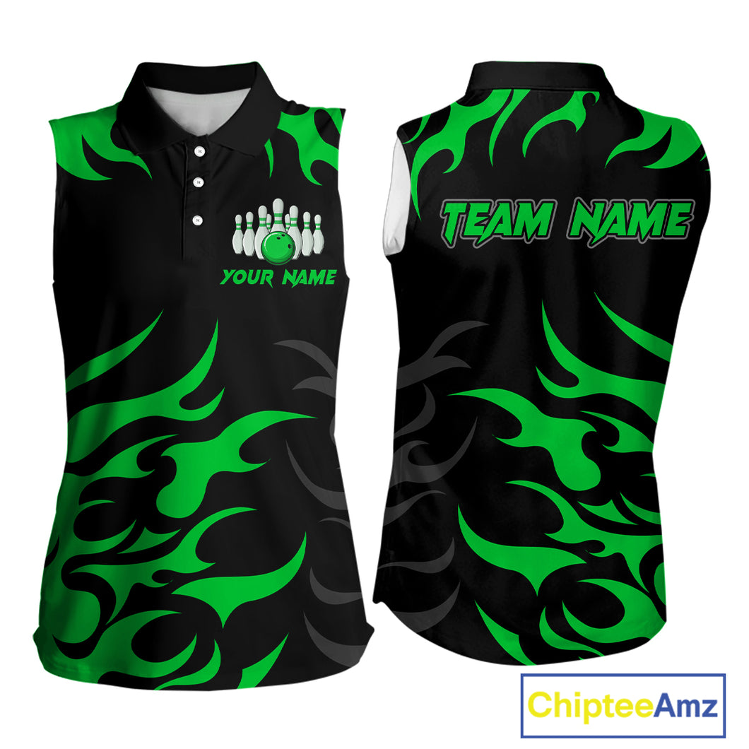 Black and Green Flame Bowling Sleeveless Polos Custom team bowling jersey, ladies bowling apparel NQS10268