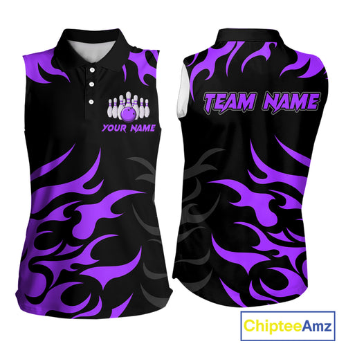 Black and Purple Flame Bowling Sleeveless Polos Custom team bowling jersey, ladies bowling apparel NQS10269