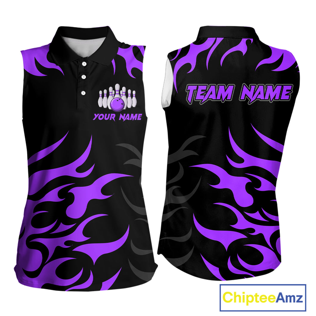 Black and Purple Flame Bowling Sleeveless Polos Custom team bowling jersey, ladies bowling apparel NQS10269