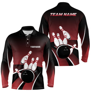 Red and black Mens polo bowling shirts Custom Bowling ball pins Team Jersey, gift for team Bowlers NQS6148