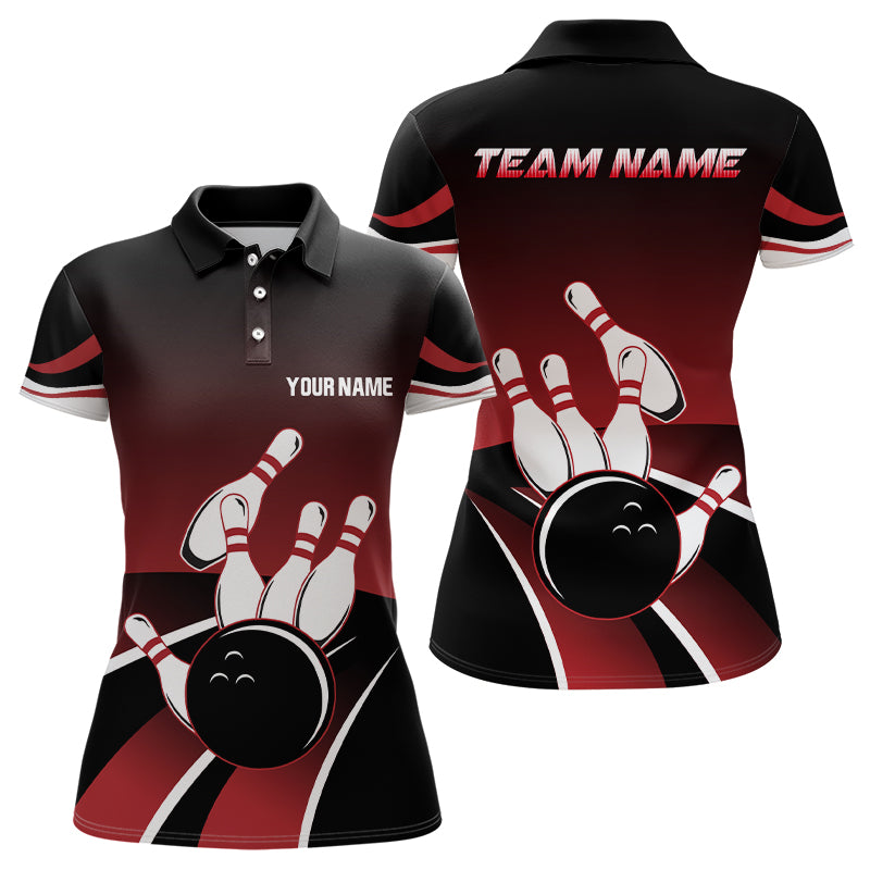Red and black Women bowling polo shirts Custom Bowling ball pins Team Jersey, gift for team Bowlers NQS6148