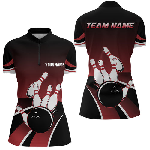 Red and black Womens Quarter Zip shirts Custom Bowling ball pins Team Jersey, gift for team Bowlers NQS6148