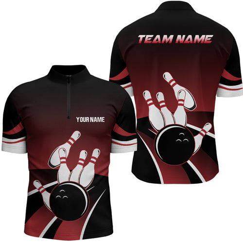 Red and black Men's Quarter Zip shirts Custom Bowling ball pins Team Jersey, gift for team Bowlers NQS6148