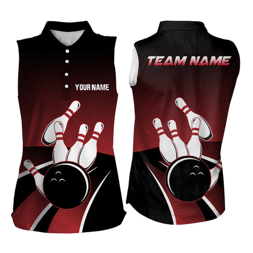 Red and black Women sleeveless polo shirts Custom Bowling ball pins Team Jersey, gift for team Bowlers NQS6148