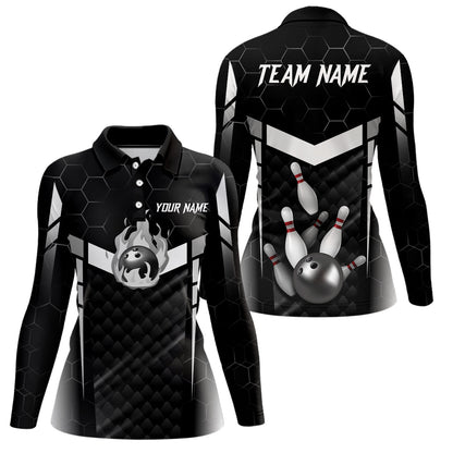 Personalized Bowling Polo, Quarter Zip Shirts For Women Custom Bowling Team Jerseys | Black NQS8479