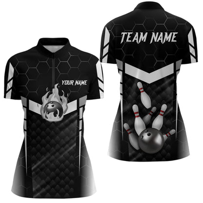 Personalized Bowling Polo, Quarter Zip Shirts For Women Custom Bowling Team Jerseys | Black NQS8479
