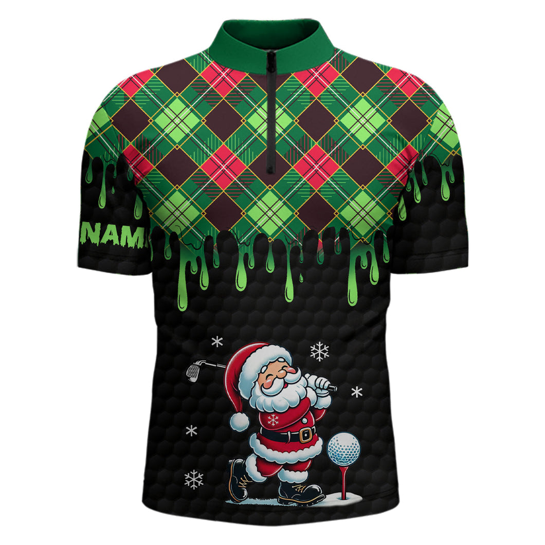 Green argyle Christmas pattern Santa Golfer Men's Quarter Zip shirt custom black mens golf attire NQS8948