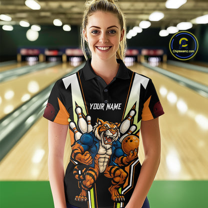 Black and Orange Tiger Bowling Team Polo, Quarter Zip Shirts For Women Custom Tiger Bowling Jerseys NQS11063