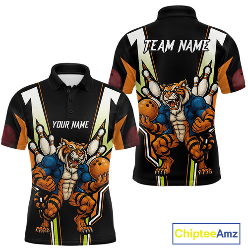 Black and Orange Tiger Bowling Team Polo, Quarter Zip Shirts For Men Custom Tiger Bowling Jerseys NQS11063