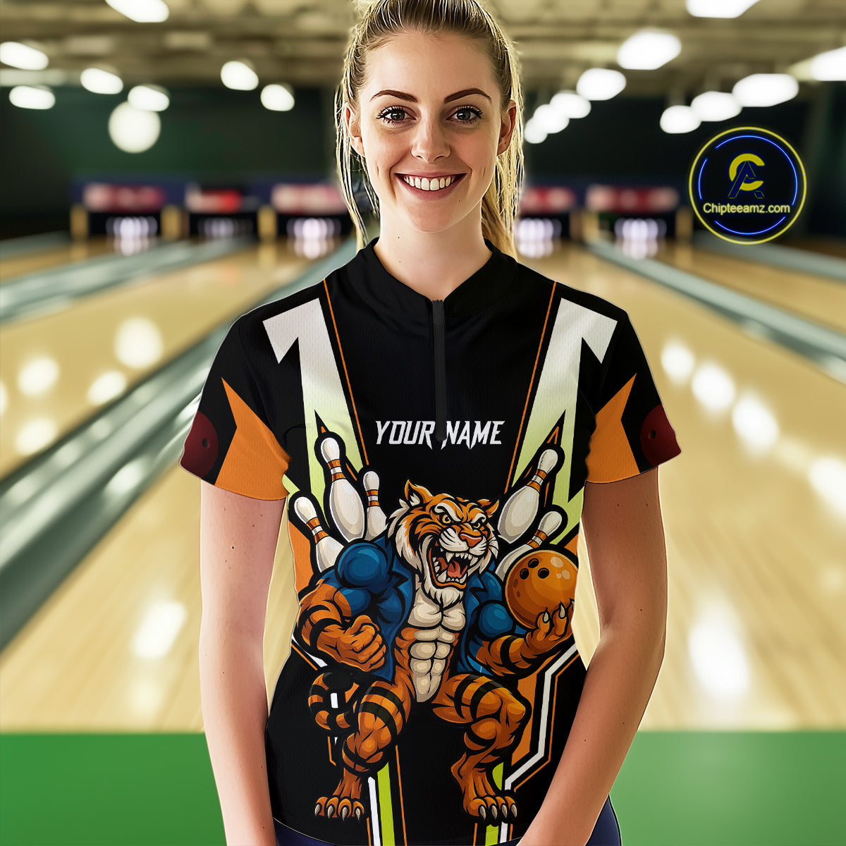 Black and Orange Tiger Bowling Team Polo, Quarter Zip Shirts For Women Custom Tiger Bowling Jerseys NQS11063