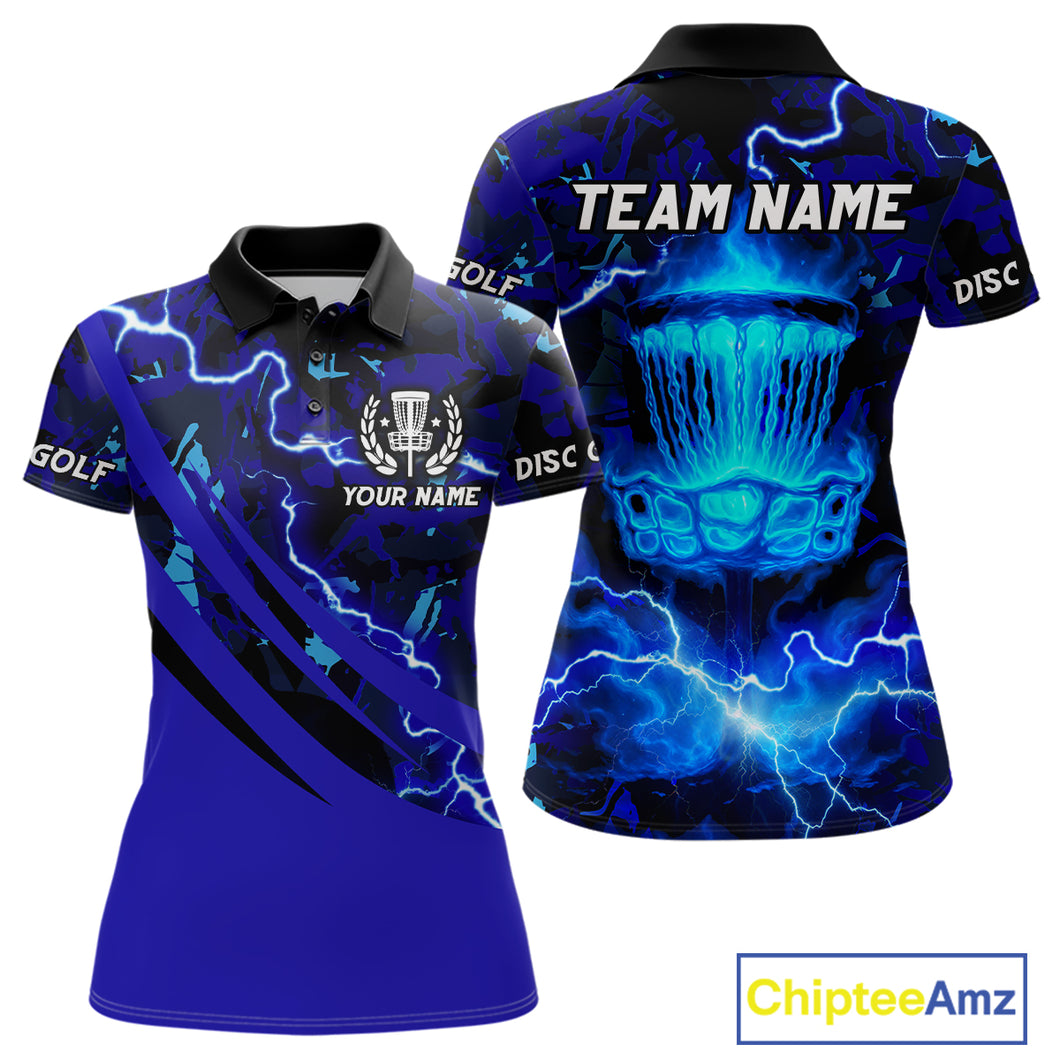 Blue Camo Lightning Thunder Womens Disc golf polo shirts, team disc golf jersey custom NQS11066