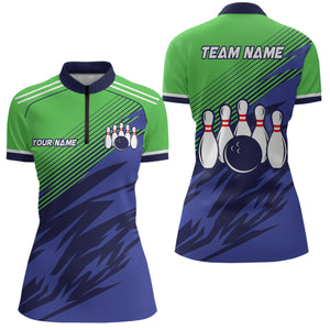 Green And Blue Camo Bowling Polo, 1/4 Quarter Zip Shirts For Women, Custom Name Bowling Team Jerseys NQS7846