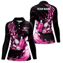 Load image into Gallery viewer, Black Womens bowling shirts Custom Pink flame Bowling ball and pins Team league bowler Jerseys NQS8483