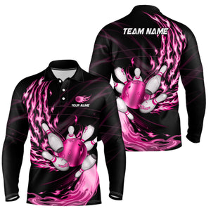 Black Mens bowling shirts Custom Pink flame Bowling ball and pins Team league bowler Jerseys NQS8483