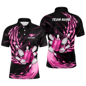 Black Mens bowling shirts Custom Pink flame Bowling ball and pins Team league bowler Jerseys NQS8483