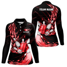 Load image into Gallery viewer, Black Womens bowling shirts Custom Red flame Bowling ball and pins Team league bowler Jerseys NQS8484