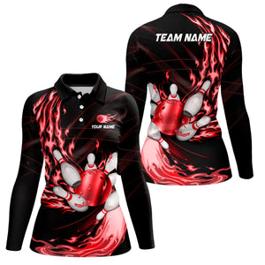 Black Womens bowling shirts Custom Red flame Bowling ball and pins Team league bowler Jerseys NQS8484