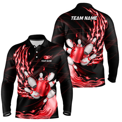 Black Mens bowling shirts Custom Red flame Bowling ball and pins Team league bowler Jerseys NQS8484