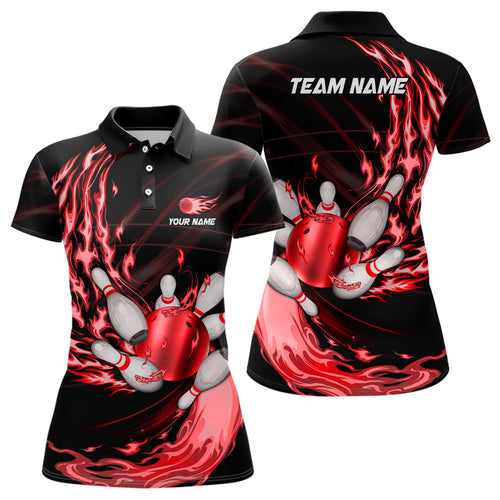Black Womens bowling shirts Custom Red flame Bowling ball and pins Team league bowler Jerseys NQS8484
