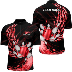 Black Mens bowling shirts Custom Red flame Bowling ball and pins Team league bowler Jerseys NQS8484