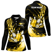 Load image into Gallery viewer, Black Womens bowling shirts Custom Yellow flame Bowling ball and pins Team league bowler Jerseys NQS8485