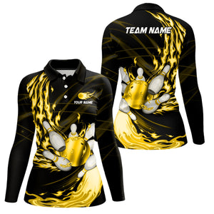 Black Womens bowling shirts Custom Yellow flame Bowling ball and pins Team league bowler Jerseys NQS8485