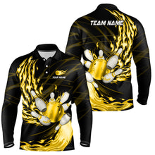 Load image into Gallery viewer, Black Mens bowling shirts Custom Yellow flame Bowling ball and pins Team league bowler Jerseys NQS8485