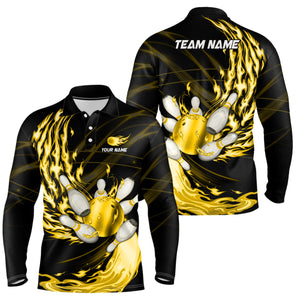 Black Mens bowling shirts Custom Yellow flame Bowling ball and pins Team league bowler Jerseys NQS8485