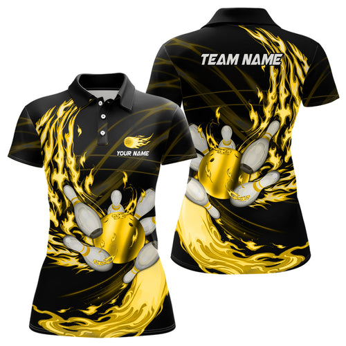 Black Womens bowling shirts Custom Yellow flame Bowling ball and pins Team league bowler Jerseys NQS8485
