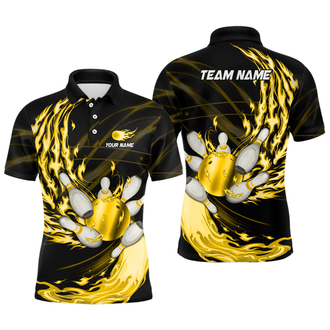 Black Mens bowling shirts Custom Yellow flame Bowling ball and pins Team league bowler Jerseys NQS8485