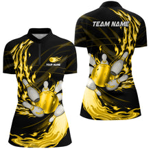Load image into Gallery viewer, Black Womens bowling shirts Custom Yellow flame Bowling ball and pins Team league bowler Jerseys NQS8485