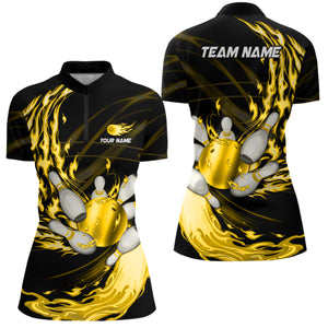 Black Womens bowling shirts Custom Yellow flame Bowling ball and pins Team league bowler Jerseys NQS8485