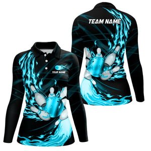 Black Womens bowling shirts Custom Cyan Blue flame Bowling ball and pins Team league bowler Jerseys NQS8486