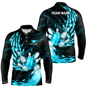 Black Mens bowling shirts Custom Cyan Blue flame Bowling ball and pins Team league bowler Jerseys NQS8486